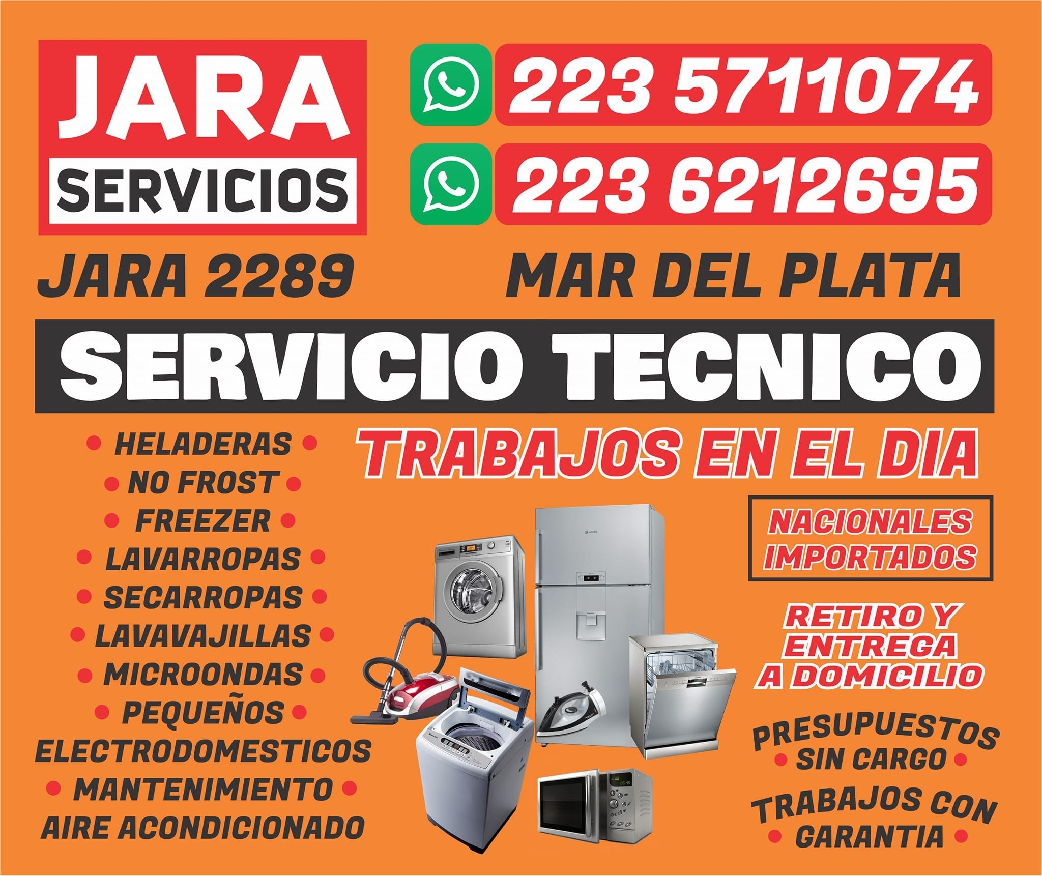 Afiche en la vidriera de Jara Servicios con los servicios, teléfonos y dirección del local